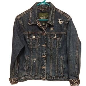 Eddie Bauer Denim Jacket Womens Medium‎ Blue Jean Trucker Floral Accents #44C